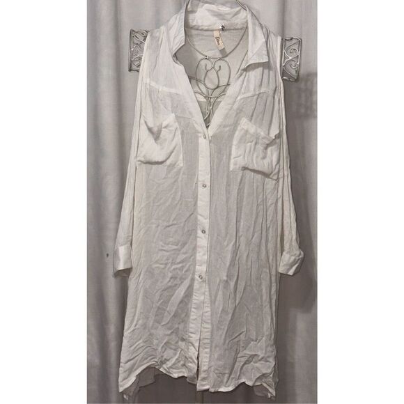 Beautiful women Womens ELAN Shirt Dress  White Long Sleeve Cold Shoulder Button - Picture 1 of 6